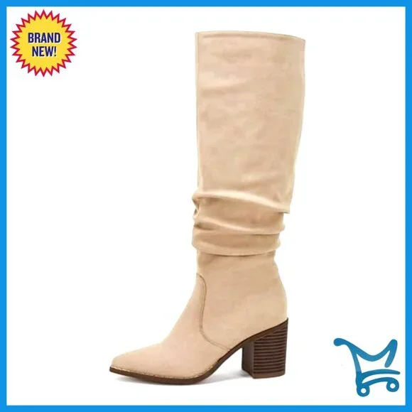 Pointed Toe Knee High Boots with Chunky Heel and Side Zipper - Picture 4 of 7
